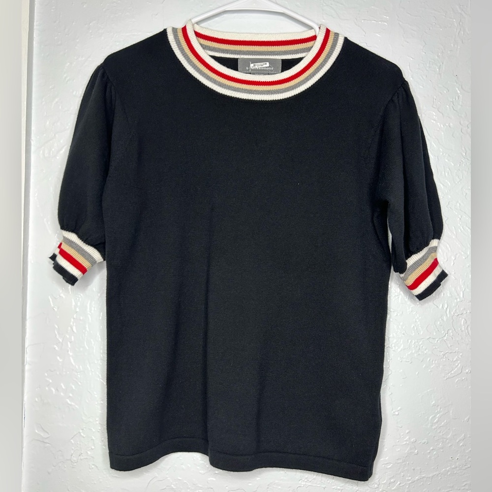 Anthropologie Black Crew Neck Sweater with Red and White Accents - Picture 2 of 5